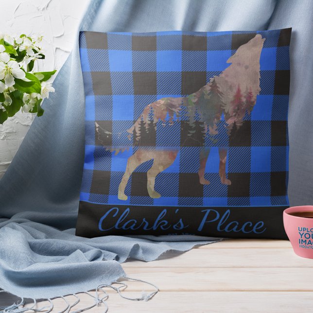 Rustieke Custom Blue Buffalo Plaid Wolf Wilderness Kussen (Creator heeft geüpload)