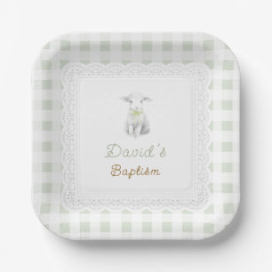 rustieke cute lam sagegroene geruite Doopfeest Papieren Bordje