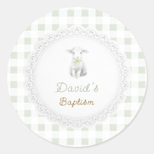 rustieke cute lam sagegroene geruite Doopfeest Ronde Sticker