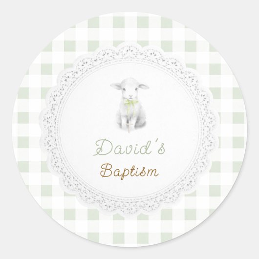 rustieke cute lam sagegroene geruite | Doopfeest Ronde Sticker (Voorkant)