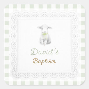 rustieke cute lam sagegroene ruit   Doopfeest  Vierkante Sticker