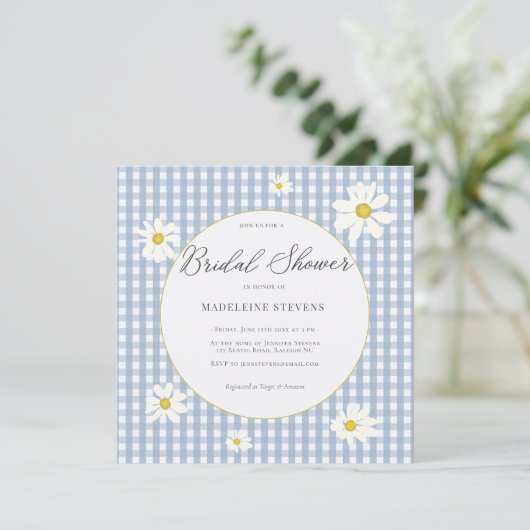 Rustieke Daisies Dusty Blue Gingham Vrijgezellenfe Kaart (Staand voorkant)