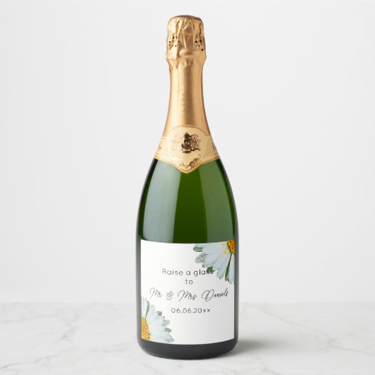 Rustieke Daisy Zomer Huwelijk Sparkling Wijnetiket (Voorkant)