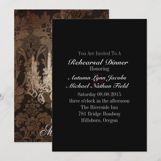 rustieke damast kroonluchter bruiloft repetitie di kaart (Voorkant / Achterkant)