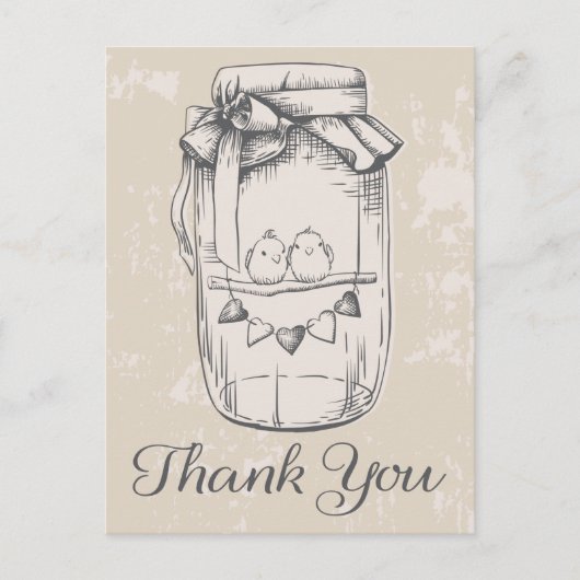 Rustieke dank u Mason Jar Lovebirds Tan Wedding Briefkaart (Voorkant)