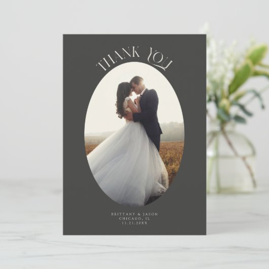 Rustieke dank u Oval Lijst Houtskool trouwfoto Bedankkaart (Staand voorkant)