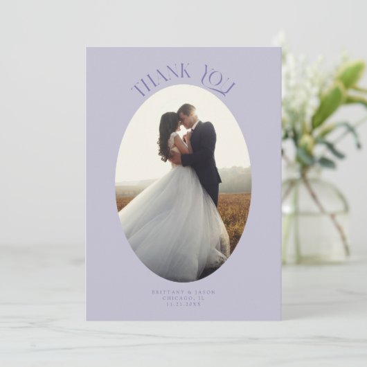 Rustieke dank u Oval Lijst Lila trouwfoto Bedankkaart (Staand voorkant)