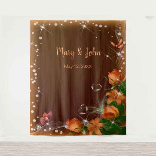 Rustieke Dark Wood Sinaasappel Bloemen Huwelijk Ac Wandkleed (Voorkant)