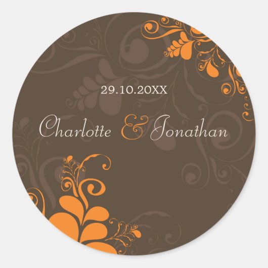 Rustieke deco bladeren wervelingen herfst bruiloft ronde sticker (Voorkant)