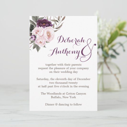 Rustieke Deep Paarse pioen Bloemen bruiloft Kaart (Staand voorkant)