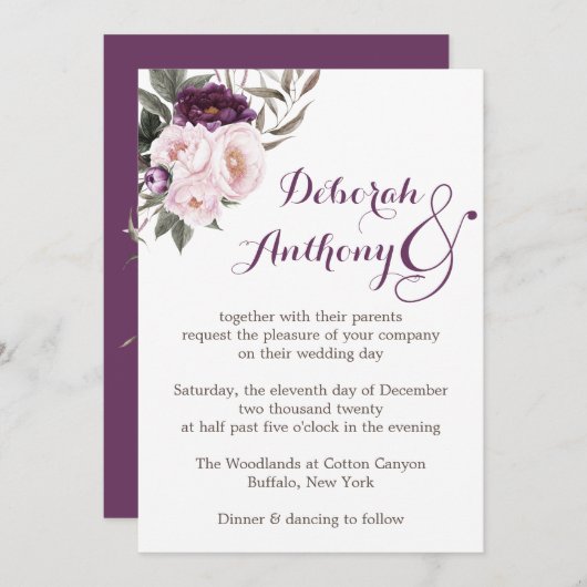 Rustieke Deep Paarse pioen Bloemen bruiloft Kaart (Voorkant / Achterkant)