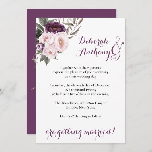 Rustieke Deep Paarse pioen Bloemen bruiloft Kaart (Voorkant / Achterkant)