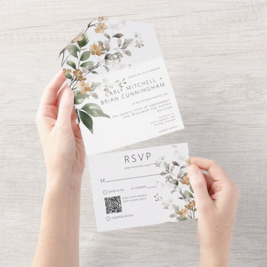 Rustieke Delicate Tan Herfst Wildflower QR-code All In One Uitnodiging (Afscheurbaar)