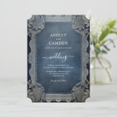 Rustieke denim blauw en kant bruiloft kaart (Staand voorkant)