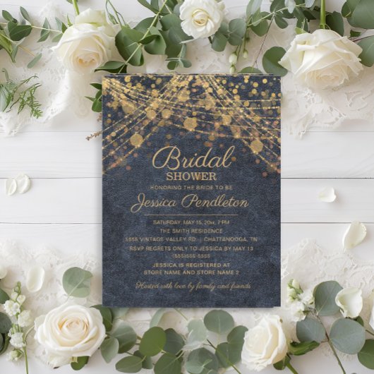 Rustieke Denim Blue Gold String Lights Vrijgezelle Kaart