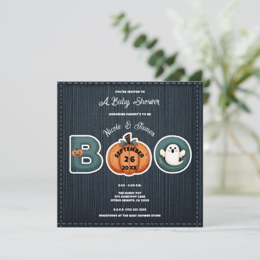 Rustieke Denim Jean Pumpkin Ghost BOO Baby shower Menu (Staand voorkant)