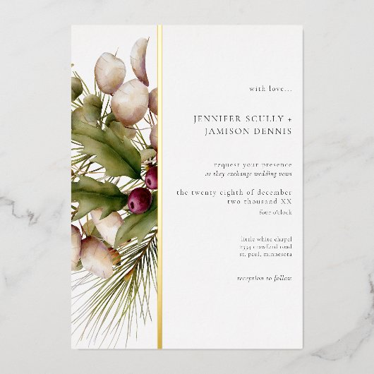Rustieke dennen winter boeket bruiloft folie uitnodiging (Voorkant)