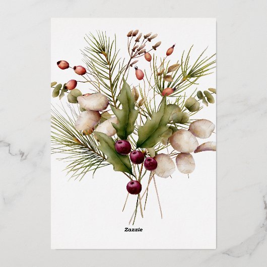 Rustieke dennen winter boeket bruiloft folie uitnodiging (Achterkant)