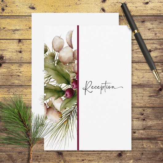 Rustieke dennen winter boeket bruiloft receptie informatiekaartje