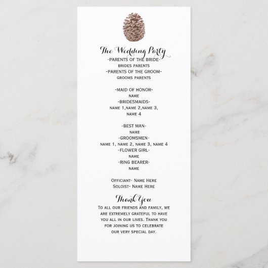 Rustieke dennenappel Elegant eenvoudig huwelijkspr Programmakaart (Achterkant)