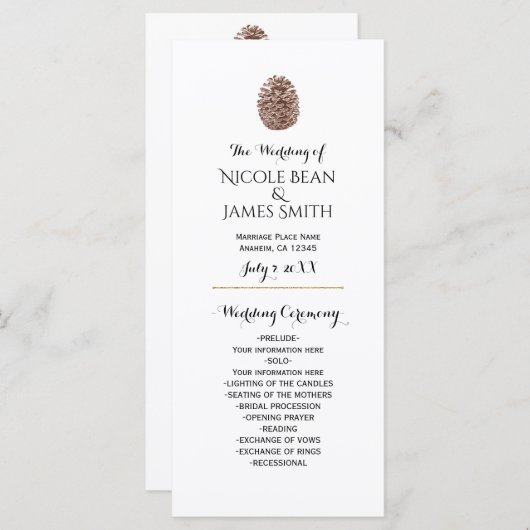 Rustieke dennenappel Elegant eenvoudig huwelijkspr Programmakaart (Voorkant / Achterkant)