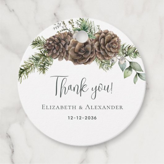 Rustieke dennenappel groen winter bruiloft bedankjes labels (Voorkant)