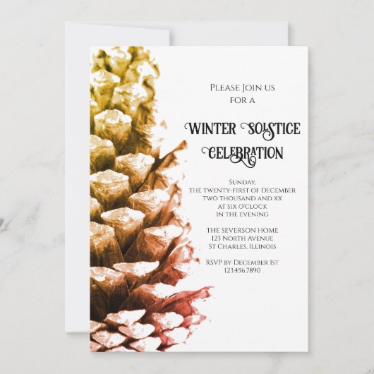 Rustieke dennenappel op witte bosrijke winterzonne kaart (Voorkant)