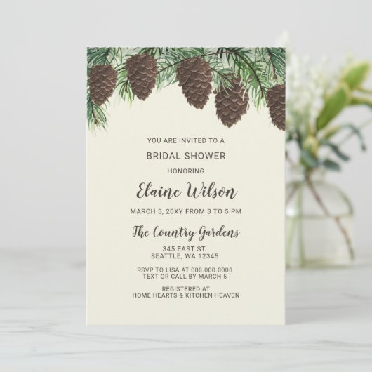 Rustieke dennenappel Winter Bruiloft Bruidsfeest Kaart (Staand voorkant)