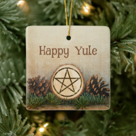 Rustieke dennenappels Happy Yule Keramisch Ornament