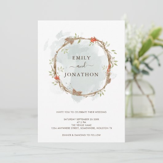 Rustieke dennenbessen Kerstmis bruiloft Kaart (Staand voorkant)