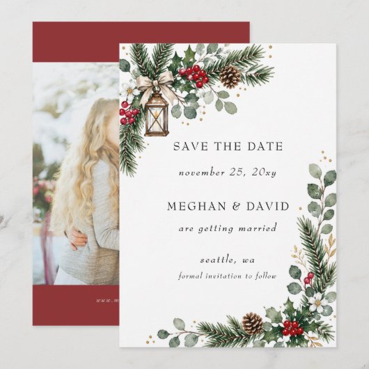 Rustieke dennenbessen winter kerst foto save the date (Voorkant / Achterkant)