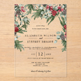 Rustieke dennenbessen Winter Kerstmis bruiloft Acryl Uitnodigingen