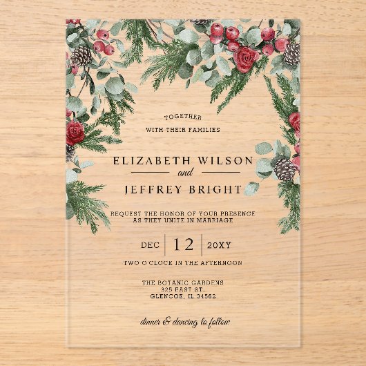 Rustieke dennenbessen Winter Kerstmis bruiloft Acryl Uitnodigingen (Voorkant)
