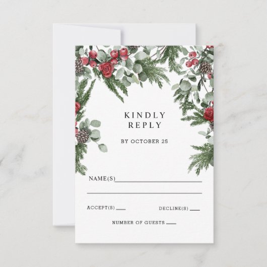 Rustieke dennenbessen Winter Kerstmis bruiloft RSVP Kaartje (Voorkant)