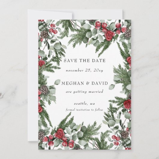 Rustieke dennenbessen Winter Kerstmis Foto Save The Date (Voorkant)