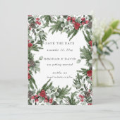 Rustieke dennenbessen Winter Kerstmis Foto Save The Date (Staand voorkant)
