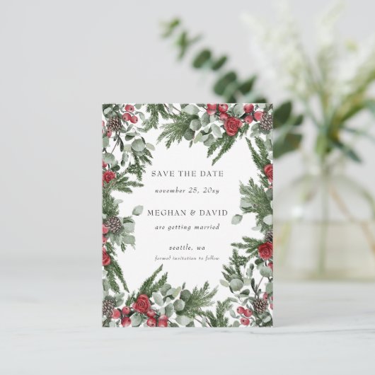 Rustieke dennenbessen Winter Kerstmis Save the Dat Aankondigingskaart (Staand voorkant)