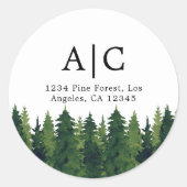 Rustieke dennenbomen aangepast retouradres ronde sticker (Voorkant)