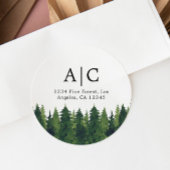 Rustieke dennenbomen aangepast retouradres ronde sticker