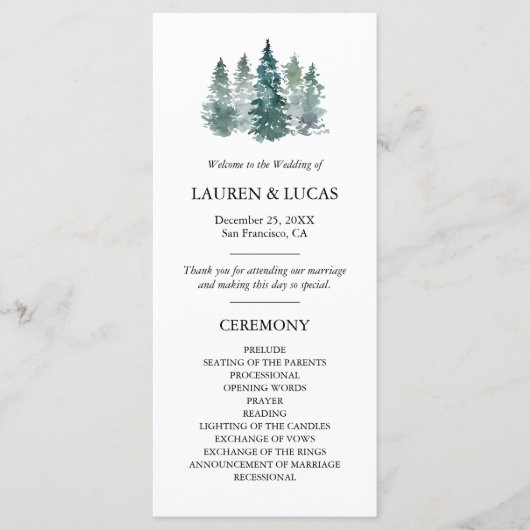 Rustieke dennenbomen Bosbos Ceremonie Programmakaart (Voorkant)
