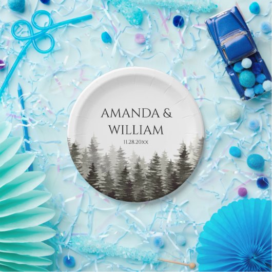 Rustieke dennenbomen bruiloft papieren bordje (Feest)
