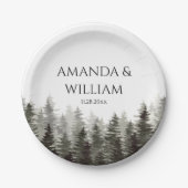 Rustieke dennenbomen bruiloft papieren bordje (Voorkant)