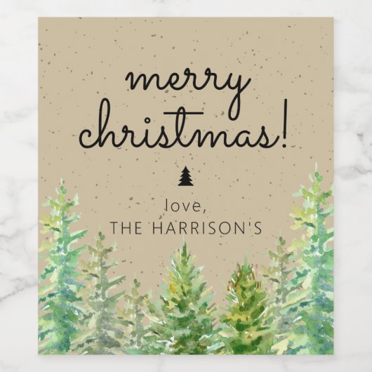 Rustieke dennenbomen Vrolijk kerstfeest Wijn Etiket (Enkel label)