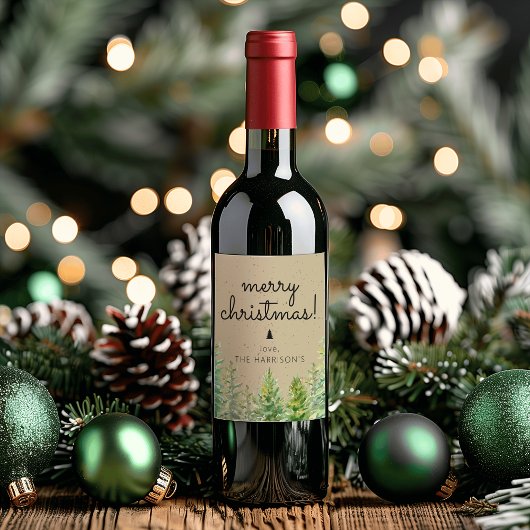 Rustieke dennenbomen Vrolijk kerstfeest Wijn Etiket