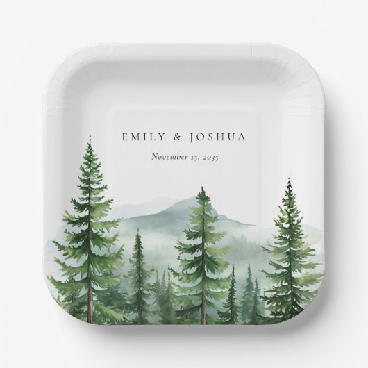 Rustieke dennenboom bos bruiloft papieren bordje (Voorkant)