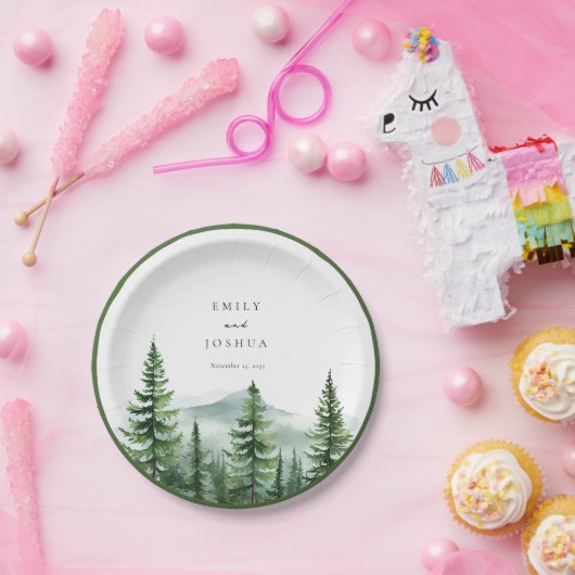 Rustieke dennenboom bos bruiloft papieren bordje (Feest)