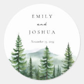 Rustieke dennenboom bos bruiloft ronde sticker (Voorkant)