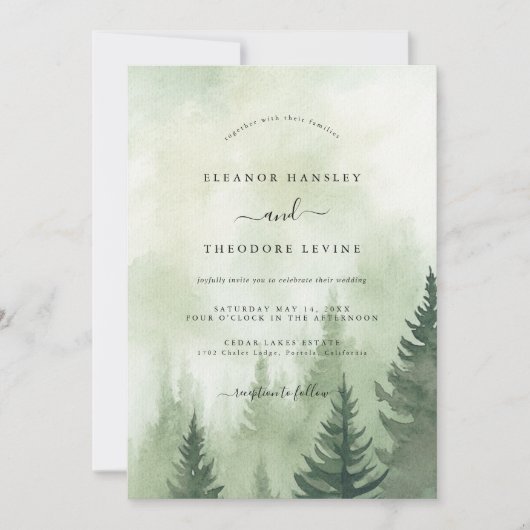 Rustieke dennenboom bos Waterverf bruiloft Kaart (Voorkant)