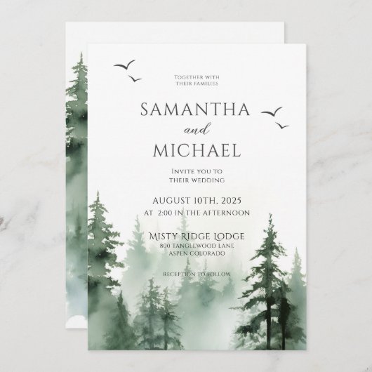 Rustieke dennenboom bos Waterverf bruiloft Kaart (Voorkant / Achterkant)