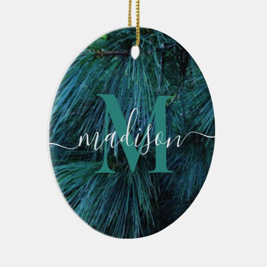 Rustieke dennenboom conifeer evergreen monogram keramisch ornament (Rechts)